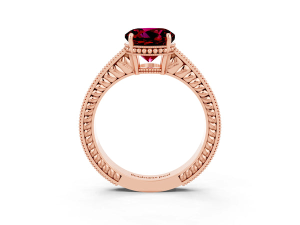 Rose gold Round Cut Garnet Engagement Ring with Milgrain Channel Set Band and Prong Setting