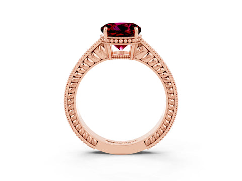 Rose gold Round Cut Garnet Engagement Ring with Milgrain Channel Set Band and Prong Setting_3