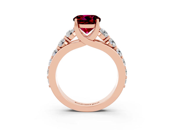 Rose gold Round Cut Garnet Engagement Ring with Pavé Band and Four-Prong Setting
