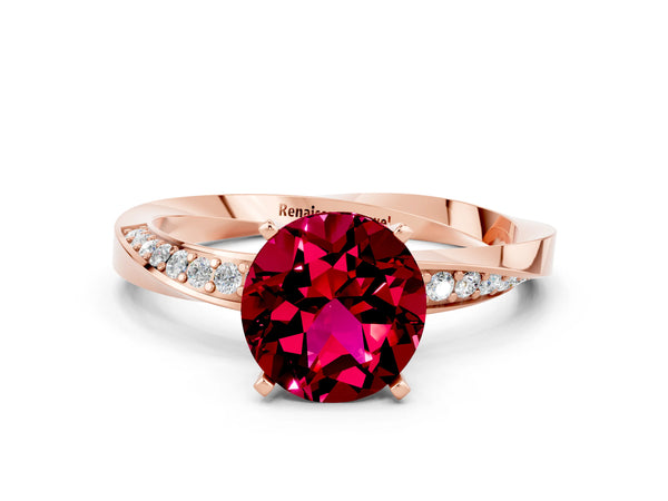 Rose gold Round Cut Garnet Engagement Ring with Side Stone Accents and Four-Prong Setting