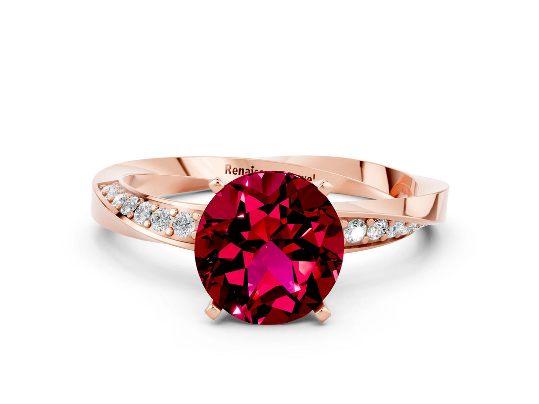 Rose gold Round Cut Garnet Engagement Ring with Side Stone Accents and Four-Prong Setting_60