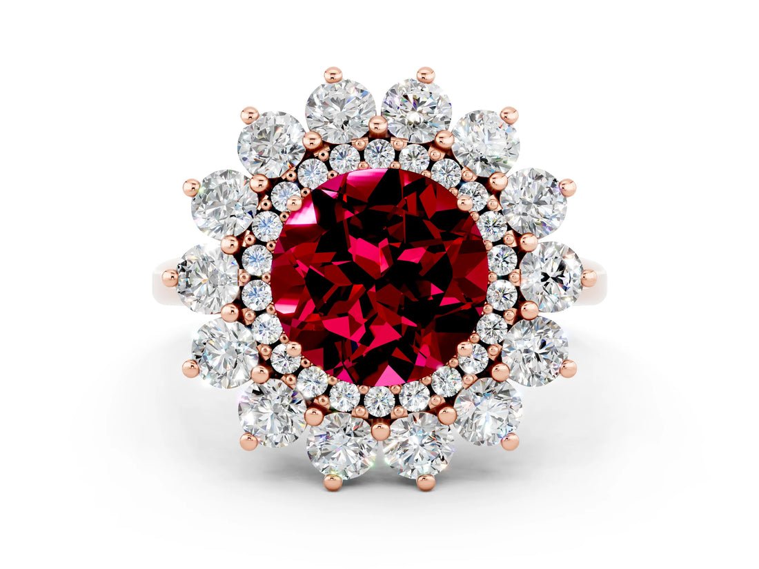 Rose gold Round Cut Garnet Floral Double Halo Engagement Ring with Prong Setting_60