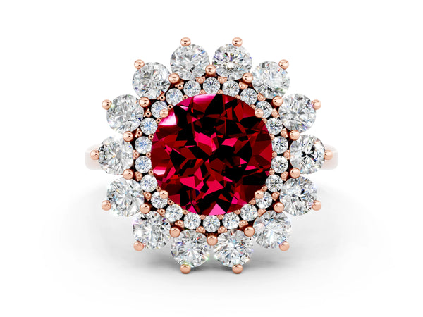 Rose gold Round Cut Garnet Floral Double Halo Engagement Ring with Prong Setting