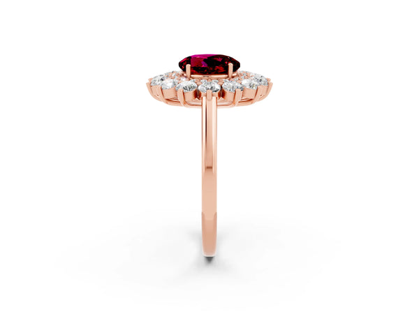 Rose gold Round Cut Garnet Floral Double Halo Engagement Ring with Prong Setting