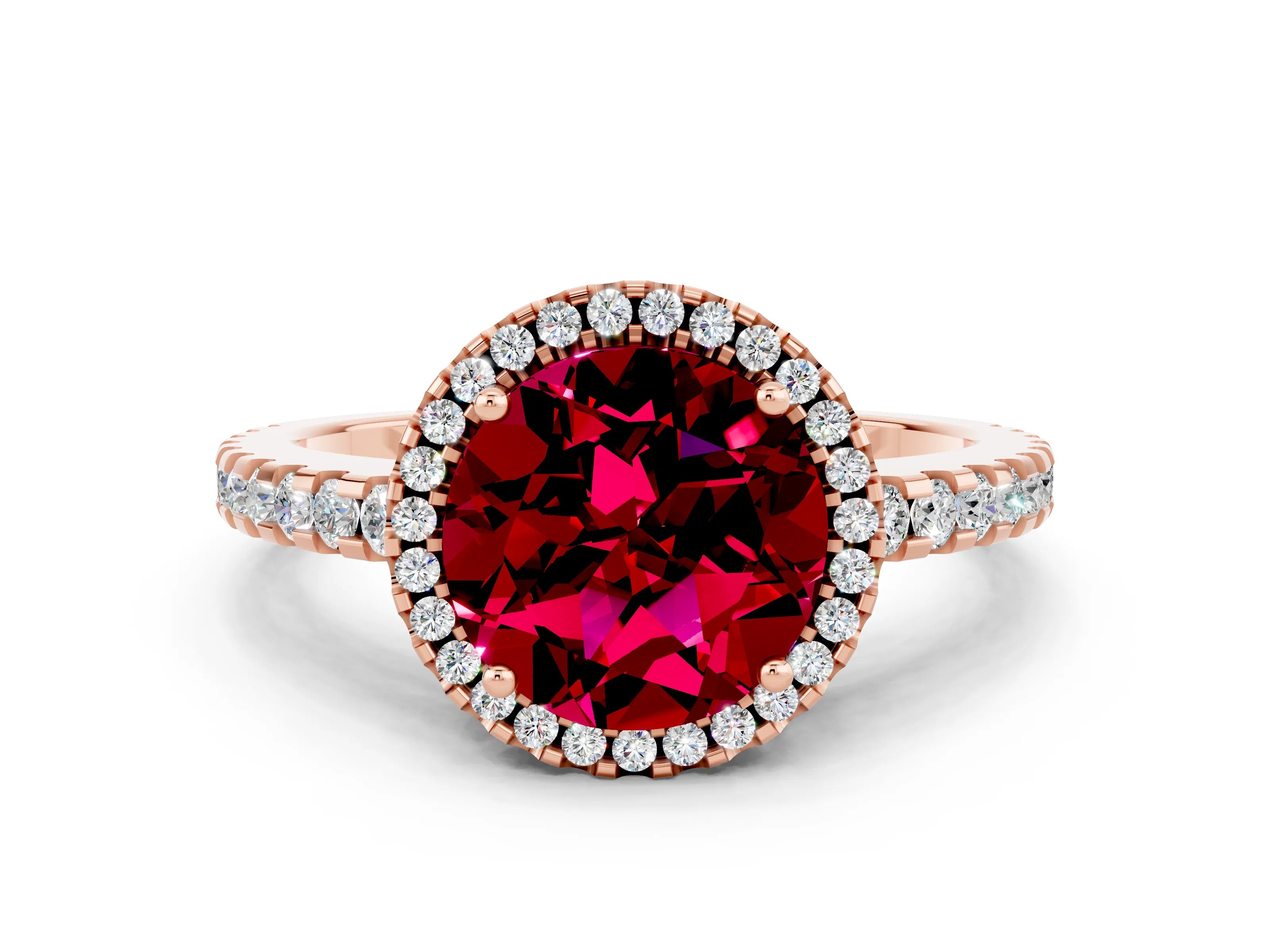Rose gold Round Cut Garnet Halo Engagement Ring with Pavé Band and Prong Setting_12