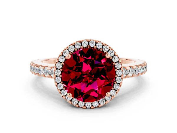 Rose gold Round Cut Garnet Halo Engagement Ring with Pavé Band and Prong Setting