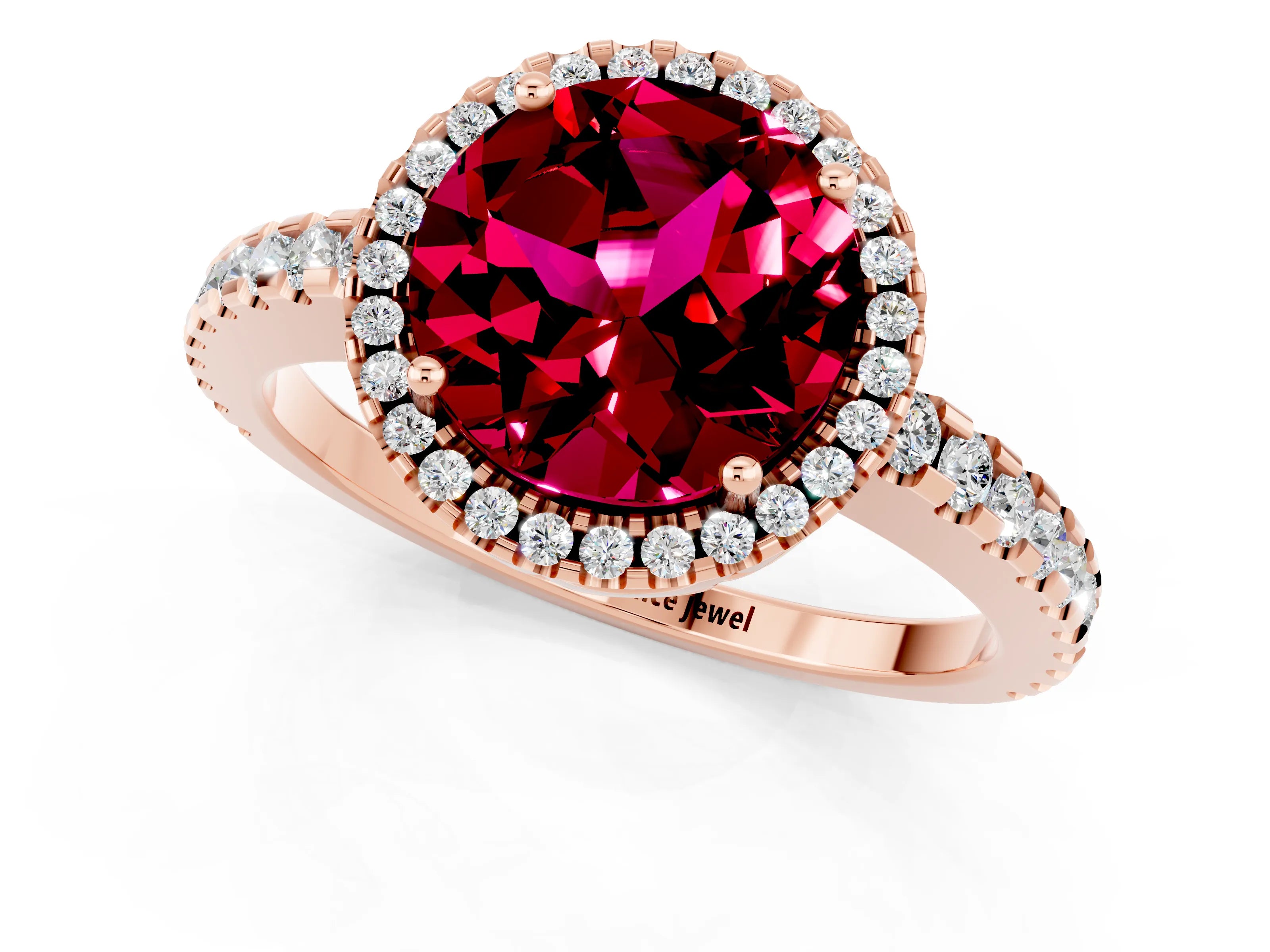 Rose gold Round Cut Garnet Halo Engagement Ring with Pavé Band and Prong Setting_13