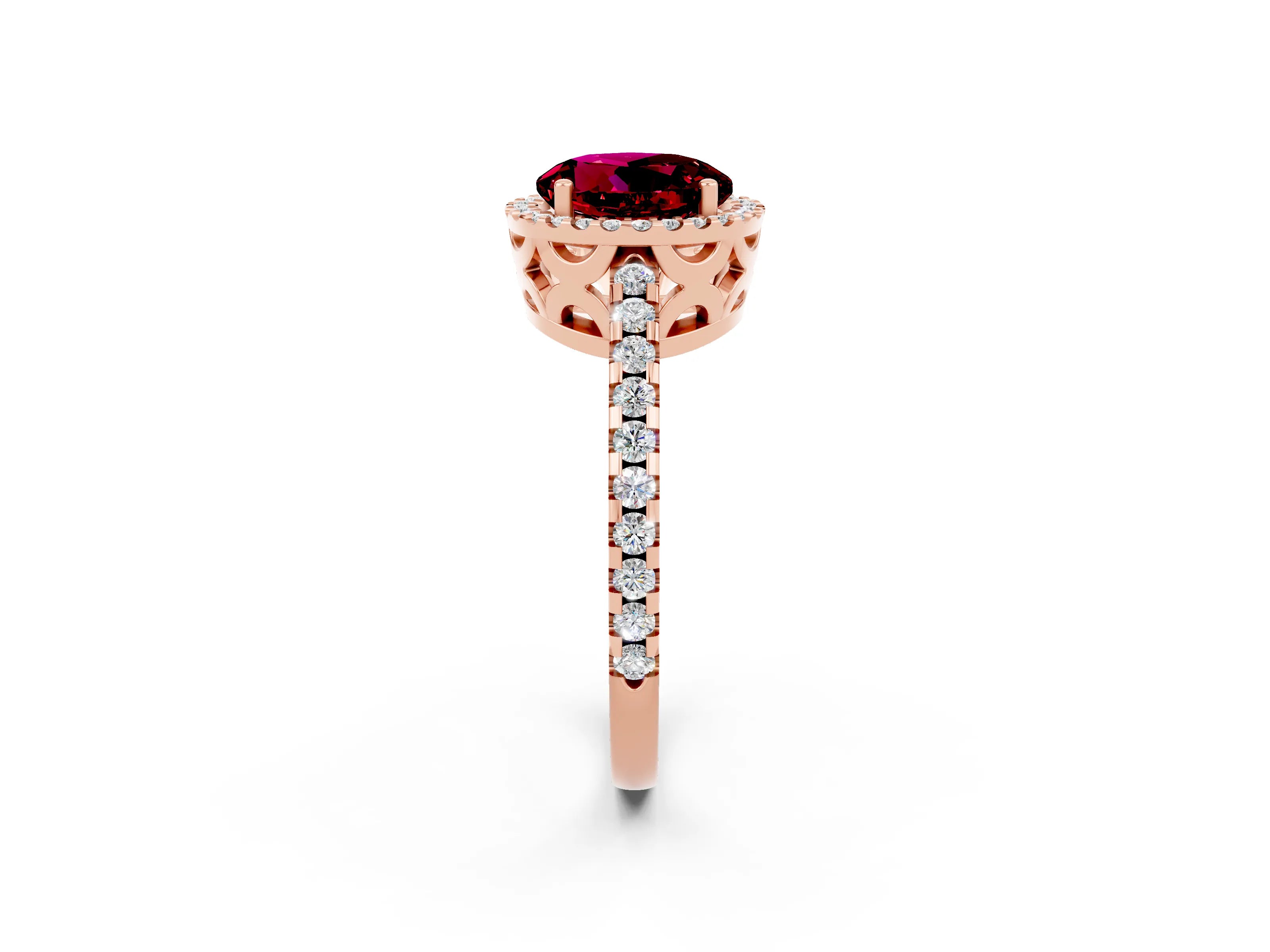 Rose gold Round Cut Garnet Halo Engagement Ring with Pavé Band and Prong Setting_14