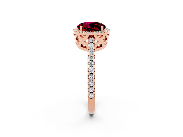 Rose gold Round Cut Garnet Halo Engagement Ring with Pavé Band and Prong Setting