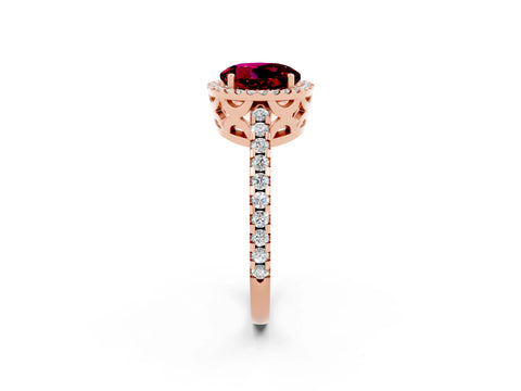 Rose gold Round Cut Garnet Halo Engagement Ring with Pavé Band and Prong Setting_14