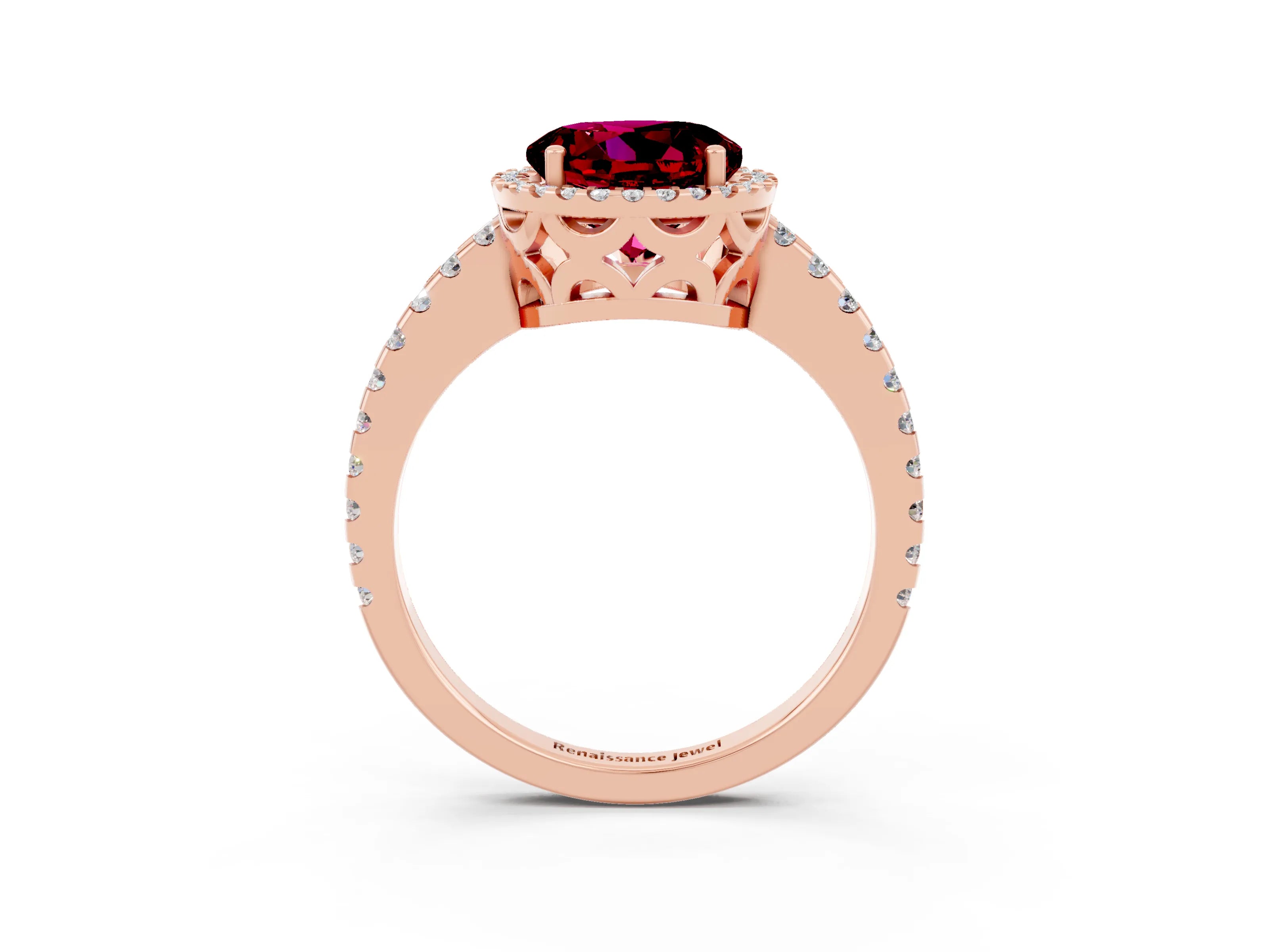 Rose gold Round Cut Garnet Halo Engagement Ring with Pavé Band and Prong Setting_15