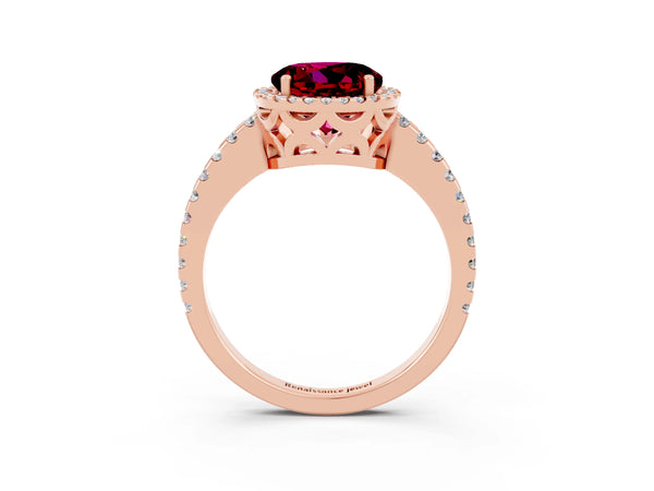 Rose gold Round Cut Garnet Halo Engagement Ring with Pavé Band and Prong Setting