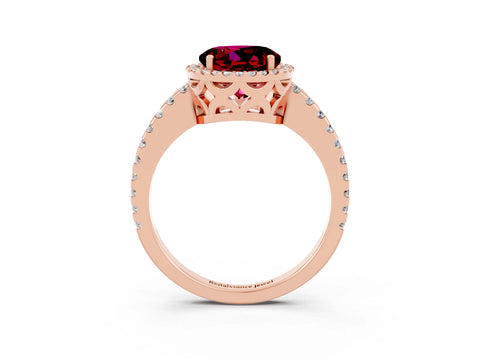 Rose gold Round Cut Garnet Halo Engagement Ring with Pavé Band and Prong Setting_15