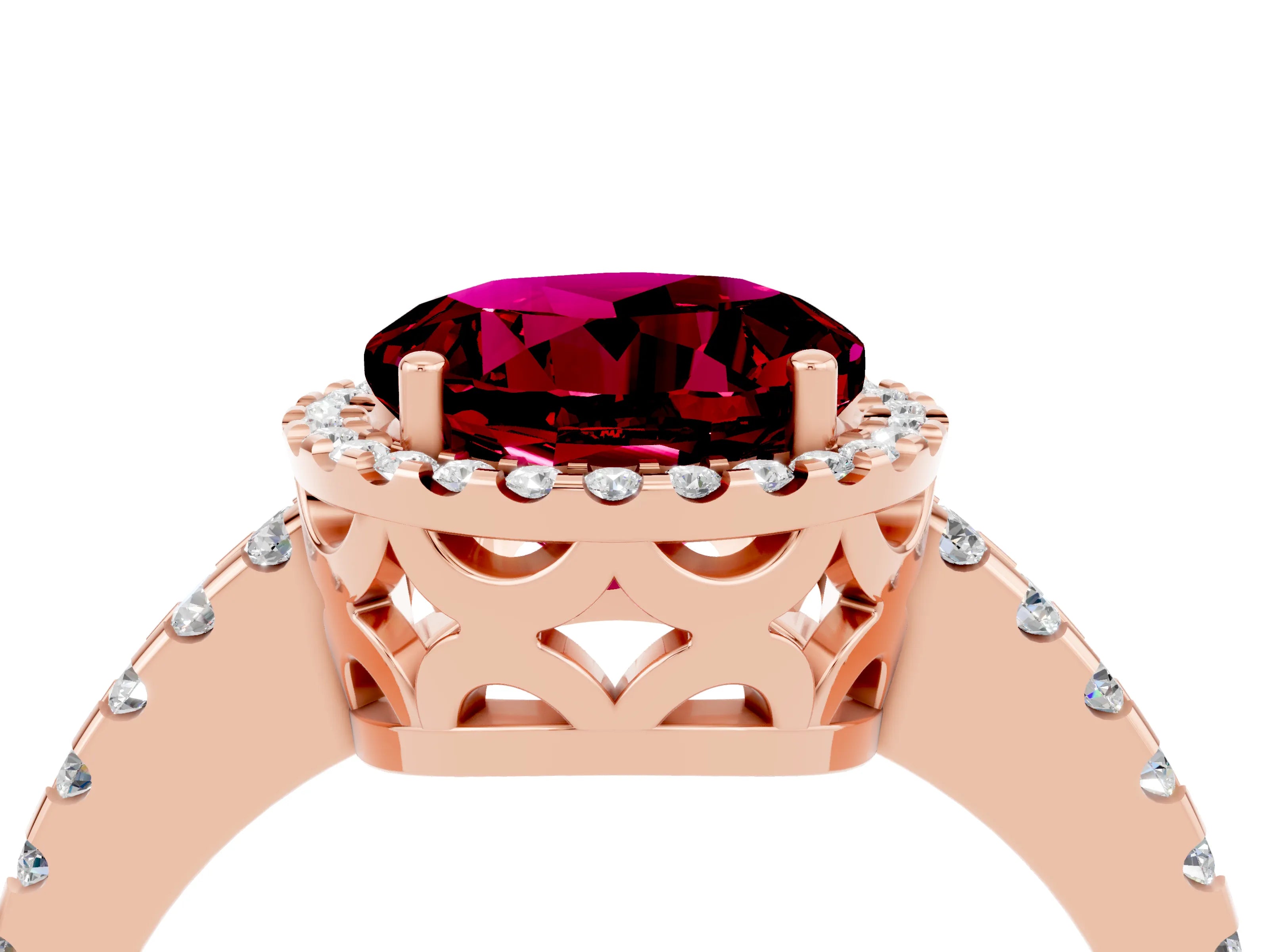Rose gold Round Cut Garnet Halo Engagement Ring with Pavé Band and Prong Setting_16