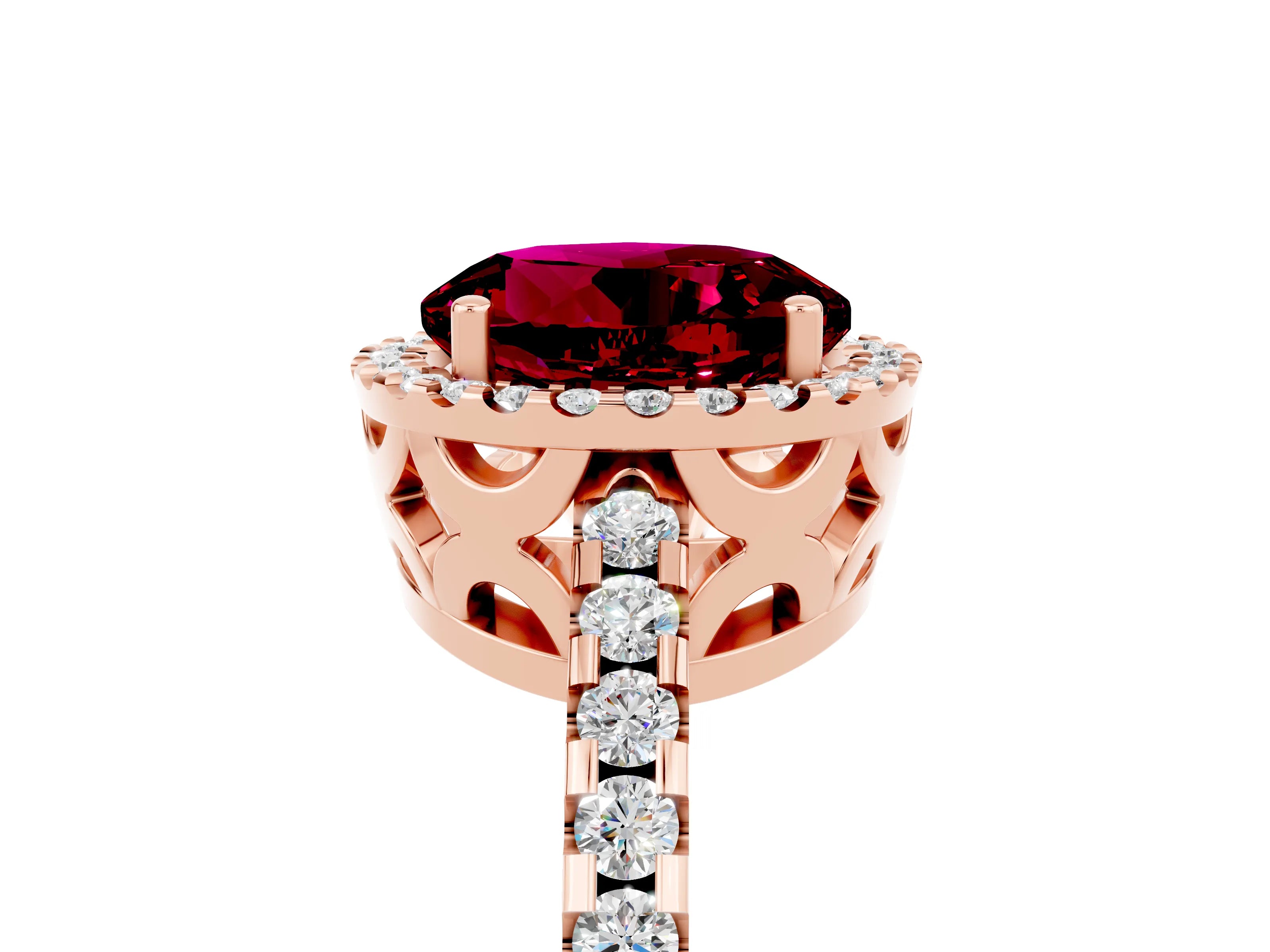 Rose gold Round Cut Garnet Halo Engagement Ring with Pavé Band and Prong Setting_17