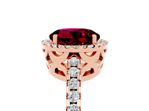 Rose gold Round Cut Garnet Halo Engagement Ring with Pavé Band and Prong Setting_17