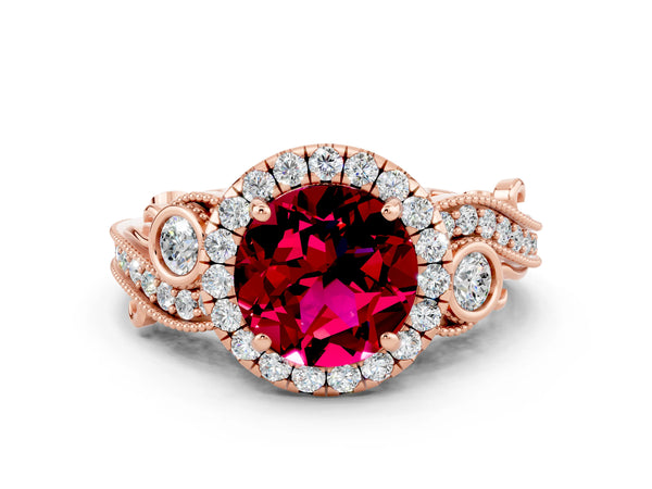 Rose gold Round Cut Garnet Halo Ring with Milgrain Pavé Band and Four-Prong Setting