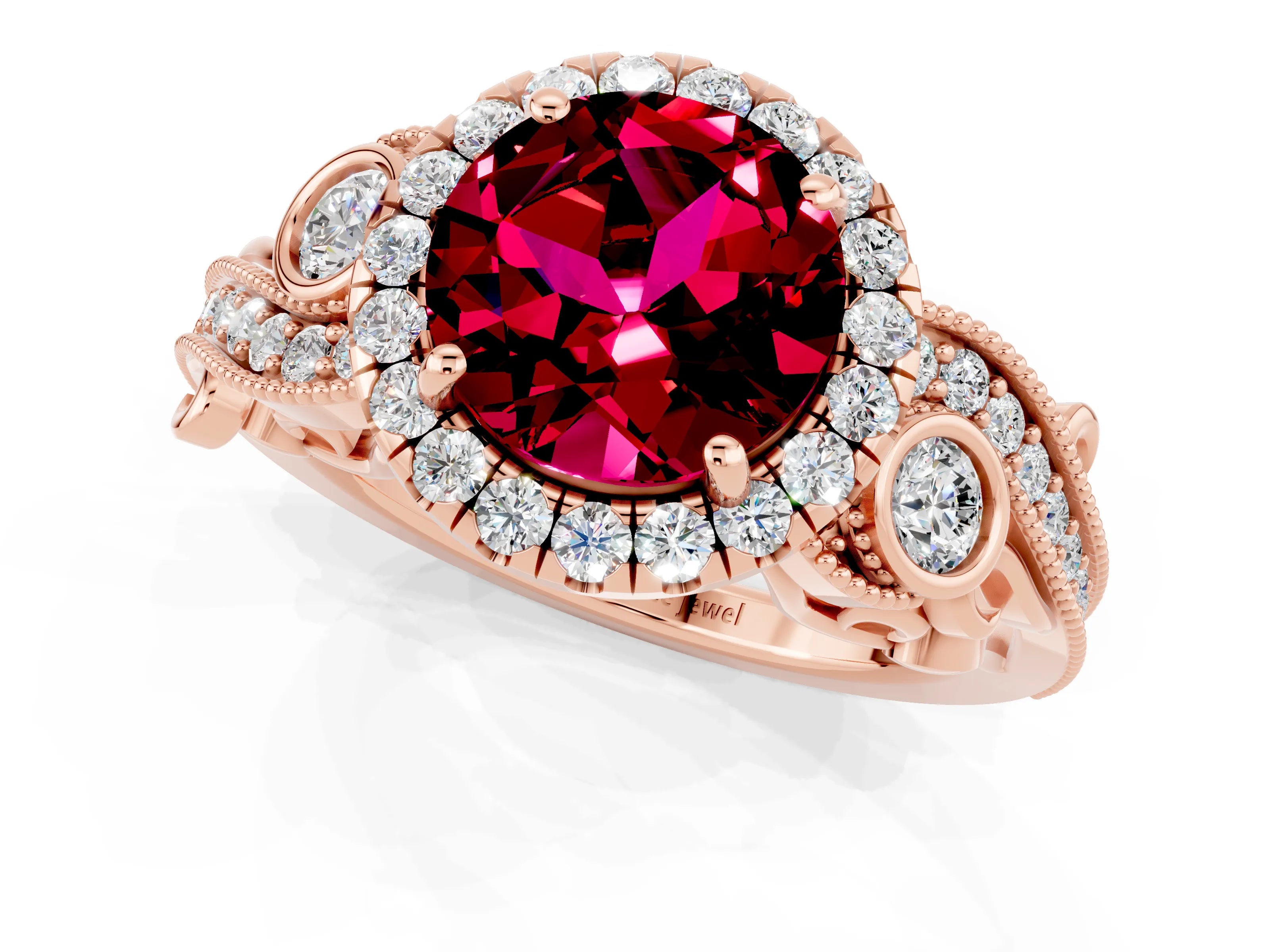 Rose gold Round Cut Garnet Halo Ring with Milgrain Pavé Band and Four-Prong Setting_13
