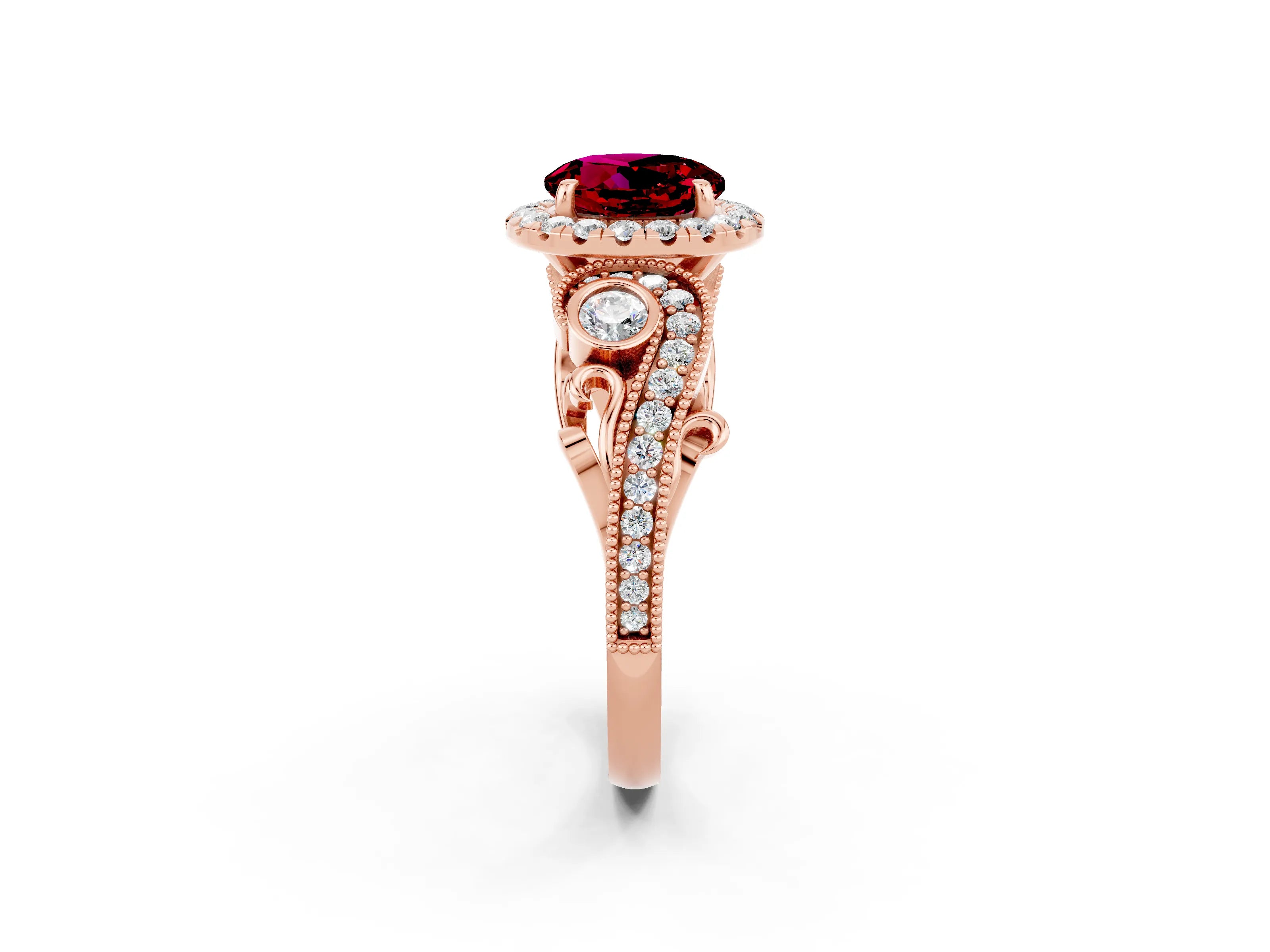 Rose gold Round Cut Garnet Halo Ring with Milgrain Pavé Band and Four-Prong Setting_14
