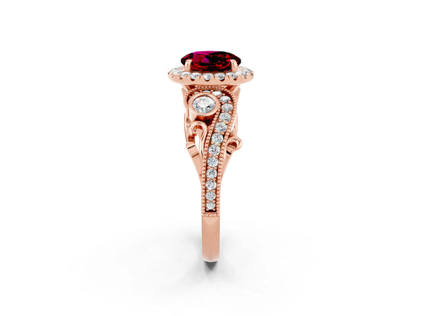 Rose gold Round Cut Garnet Halo Ring with Milgrain Pavé Band and Four-Prong Setting