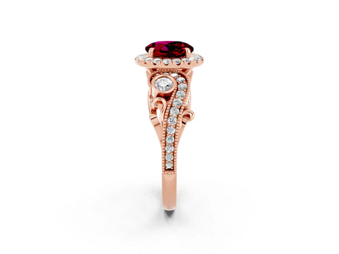 Rose gold Round Cut Garnet Halo Ring with Milgrain Pavé Band and Four-Prong Setting_14