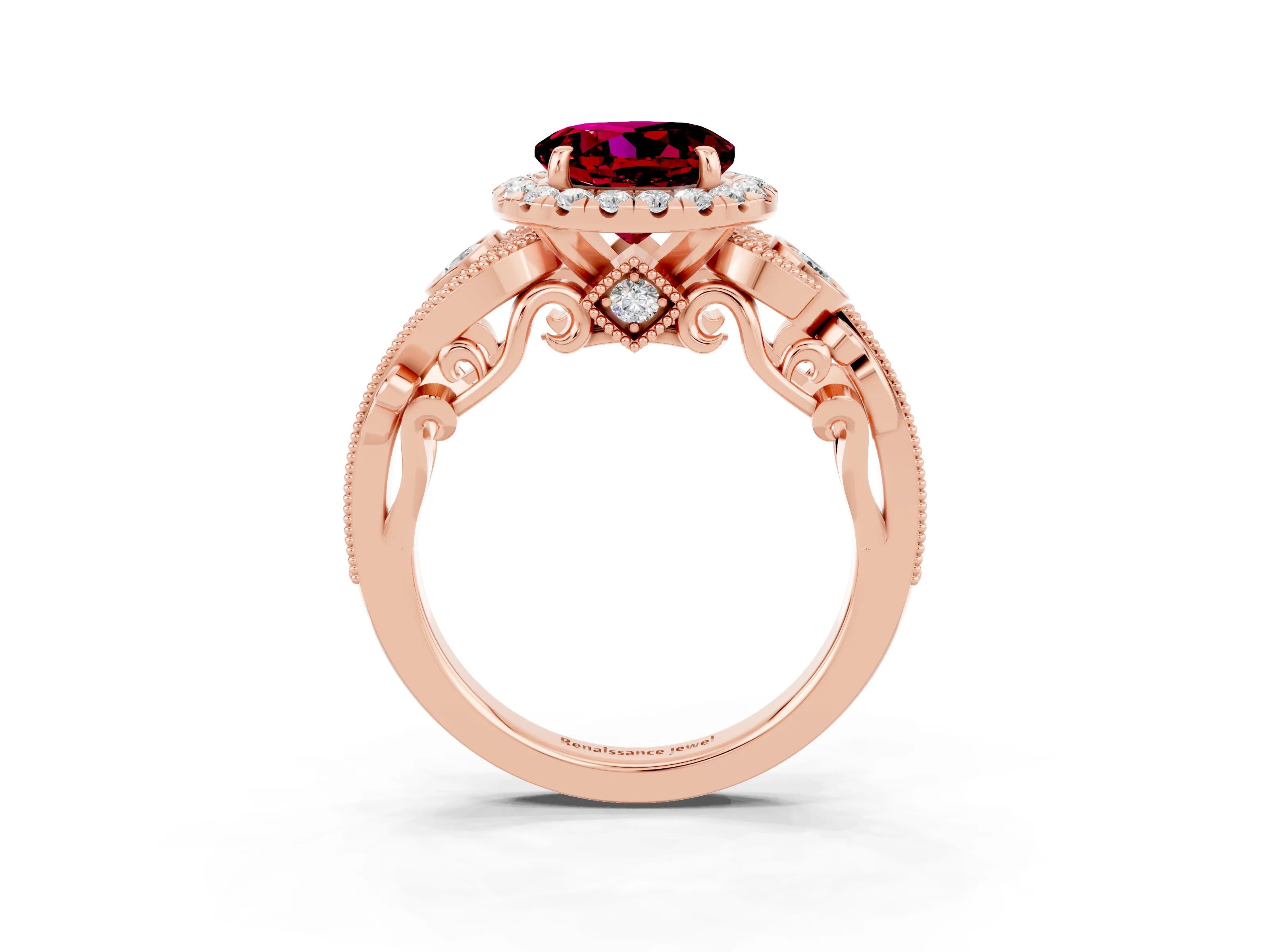 Rose gold Round Cut Garnet Halo Ring with Milgrain Pavé Band and Four-Prong Setting_15