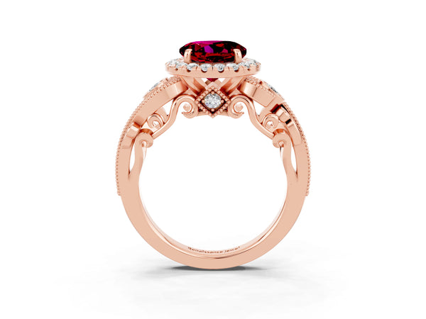 Rose gold Round Cut Garnet Halo Ring with Milgrain Pavé Band and Four-Prong Setting