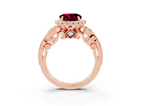 Rose gold Round Cut Garnet Halo Ring with Milgrain Pavé Band and Four-Prong Setting_15