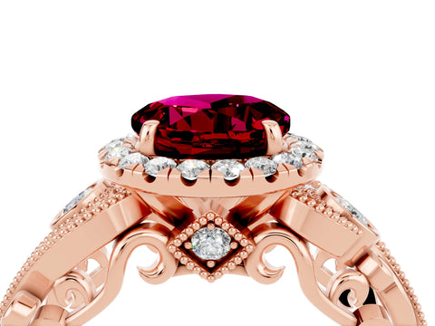 Rose gold Round Cut Garnet Halo Ring with Milgrain Pavé Band and Four-Prong Setting_16