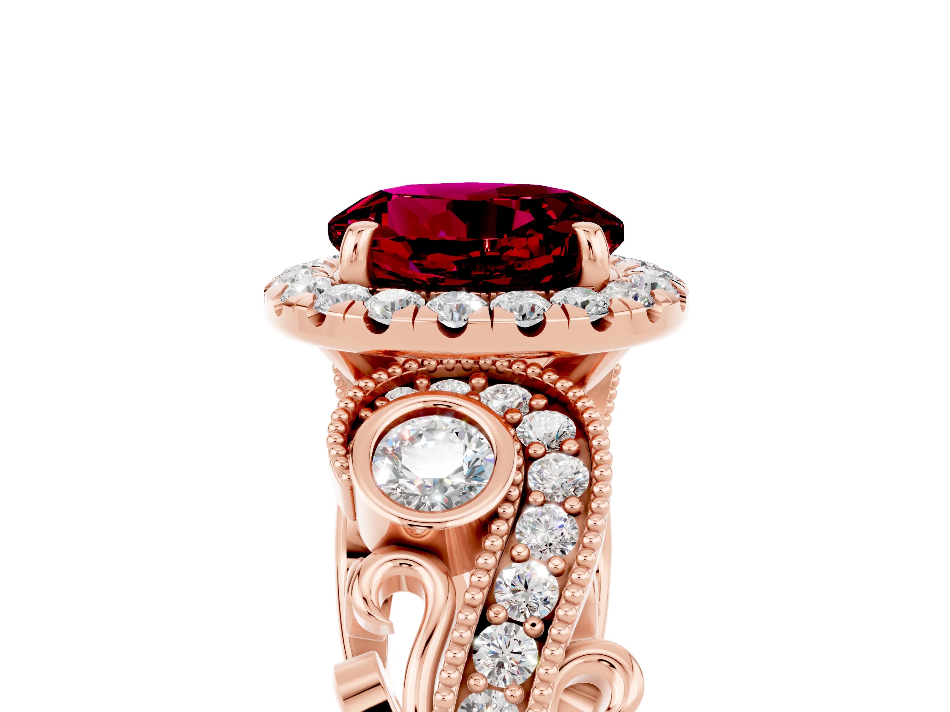 Rose gold Round Cut Garnet Halo Ring with Milgrain Pavé Band and Four-Prong Setting_17