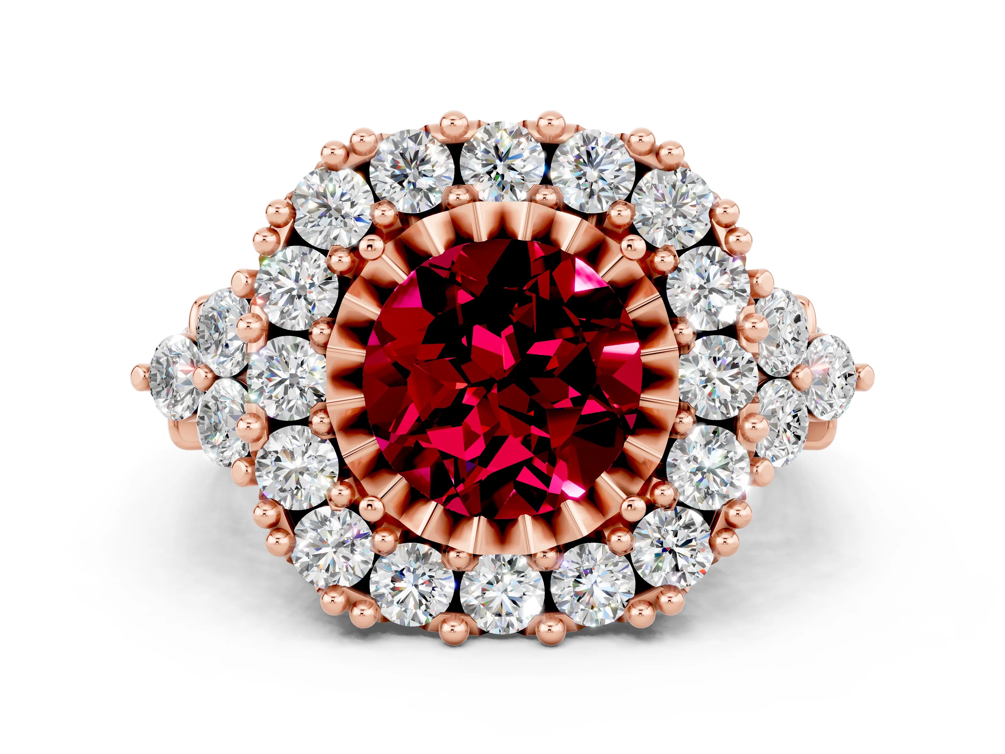 Rose gold Round Cut Garnet Halo Ring with Pavé Band and Four-Prong Setting_12