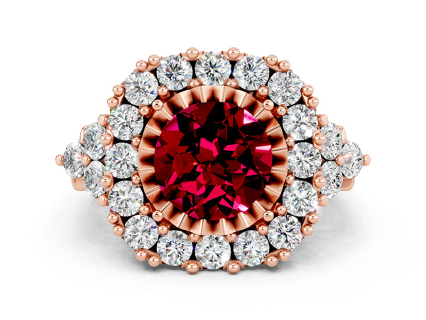 Rose gold Round Cut Garnet Halo Ring with Pavé Band and Four-Prong Setting