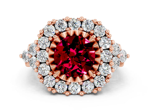Rose gold Round Cut Garnet Halo Ring with Pavé Band and Four-Prong Setting_12