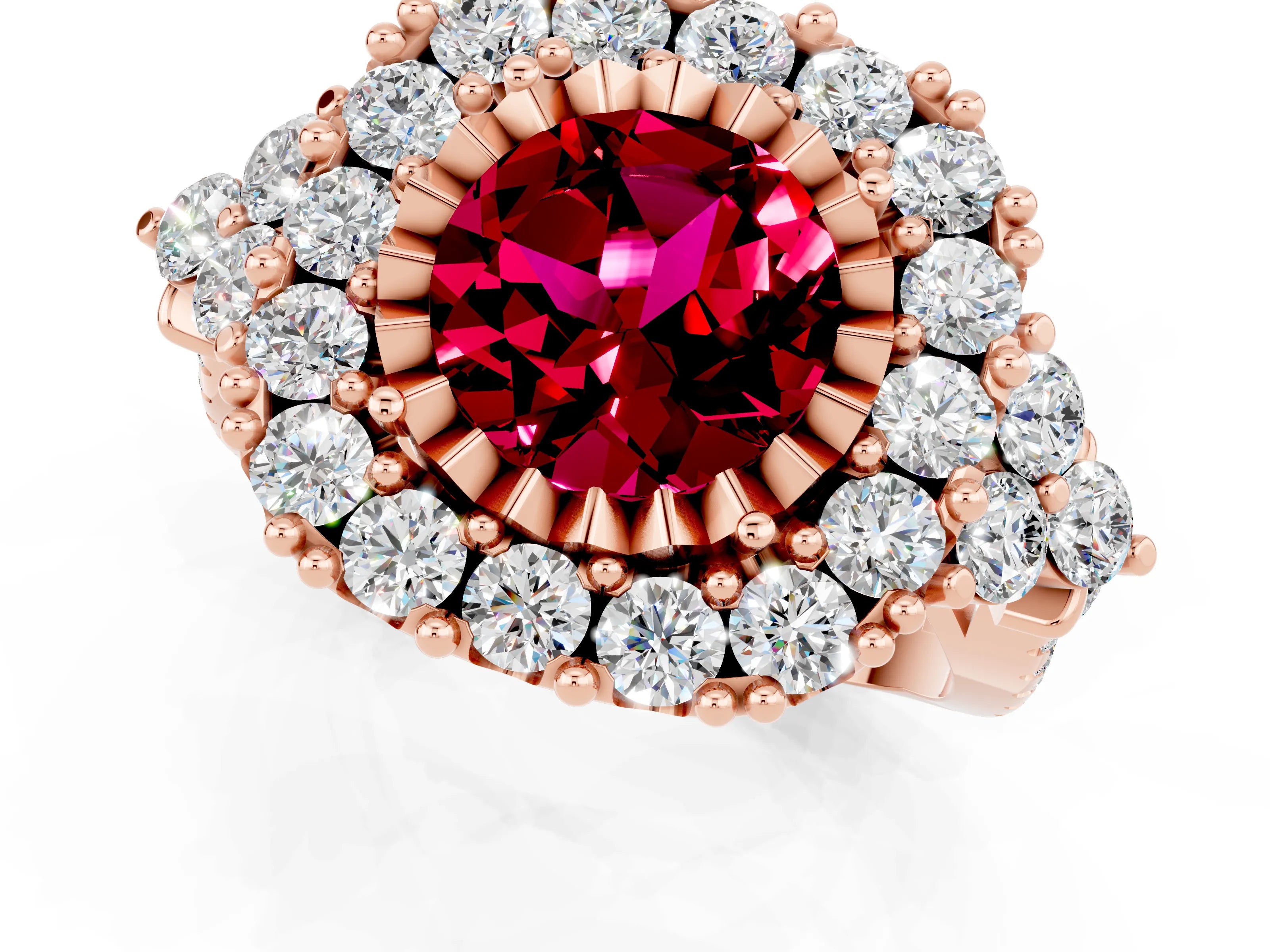 Rose gold Round Cut Garnet Halo Ring with Pavé Band and Four-Prong Setting_13