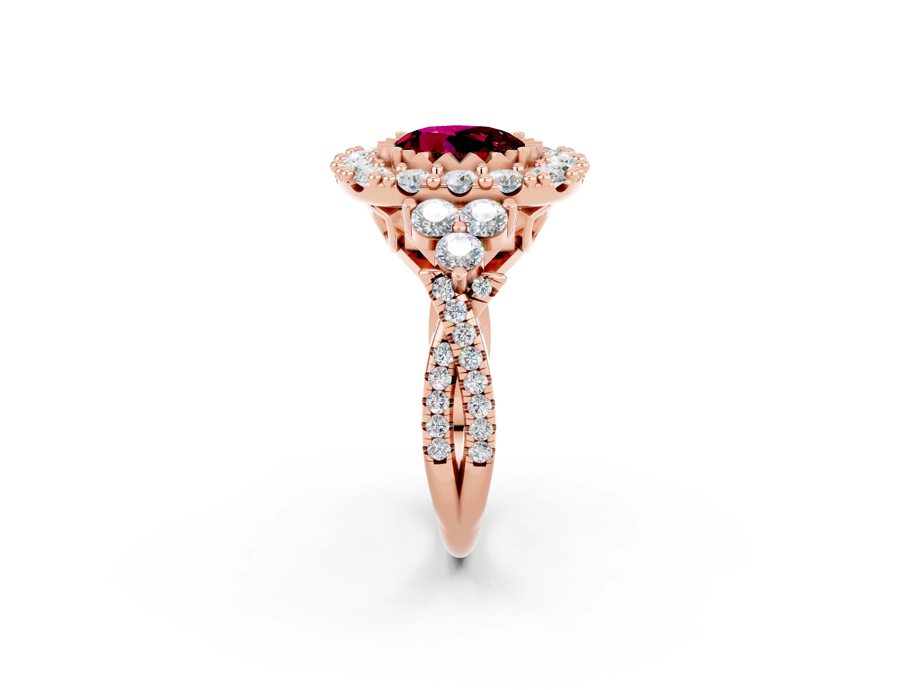 Rose gold Round Cut Garnet Halo Ring with Pavé Band and Four-Prong Setting_14