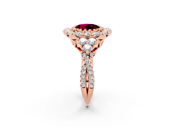 Rose gold Round Cut Garnet Halo Ring with Pavé Band and Four-Prong Setting