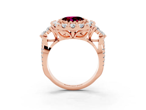 Rose gold Round Cut Garnet Halo Ring with Pavé Band and Four-Prong Setting_15