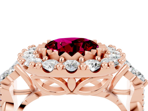 Rose gold Round Cut Garnet Halo Ring with Pavé Band and Four-Prong Setting_16