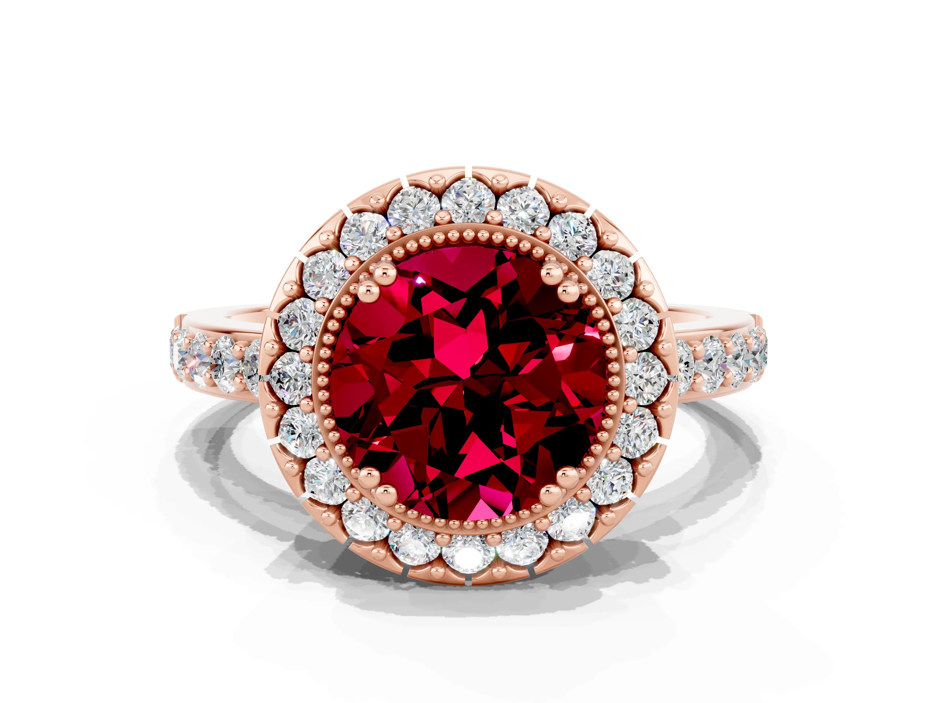 Rose gold Round Cut Garnet Halo Ring with Pavé Band and Prong Setting