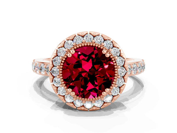 Rose gold Round Cut Garnet Halo Ring with Pavé Band and Prong Setting