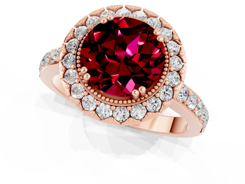 Rose gold Round Cut Garnet Halo Ring with Pavé Band and Prong Setting_1