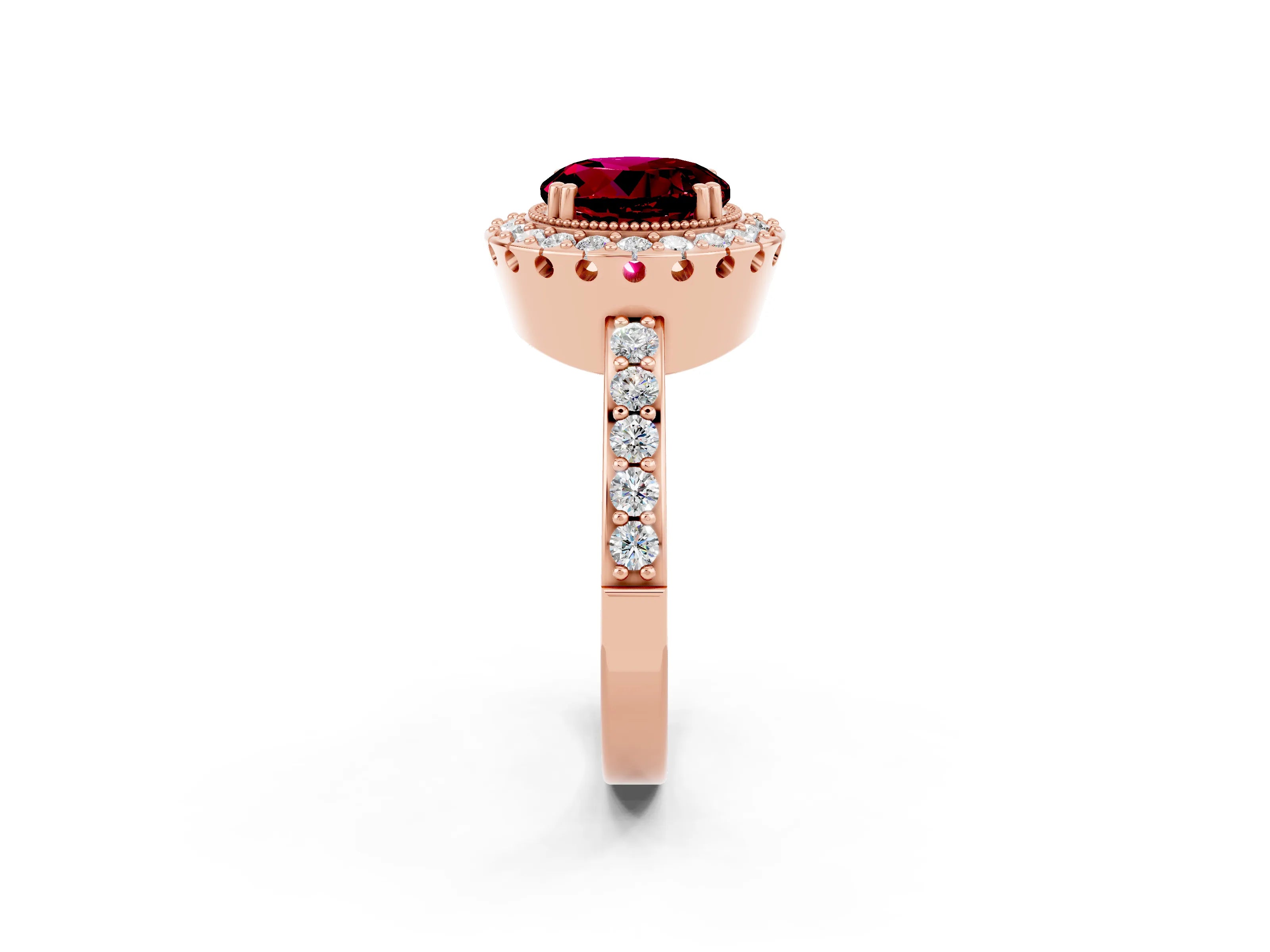Rose gold Round Cut Garnet Halo Ring with Pavé Band and Prong Setting_2