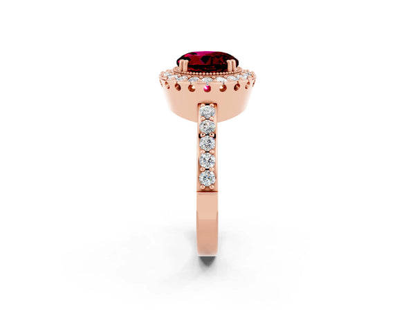 Rose gold Round Cut Garnet Halo Ring with Pavé Band and Prong Setting