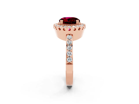Rose gold Round Cut Garnet Halo Ring with Pavé Band and Prong Setting_2