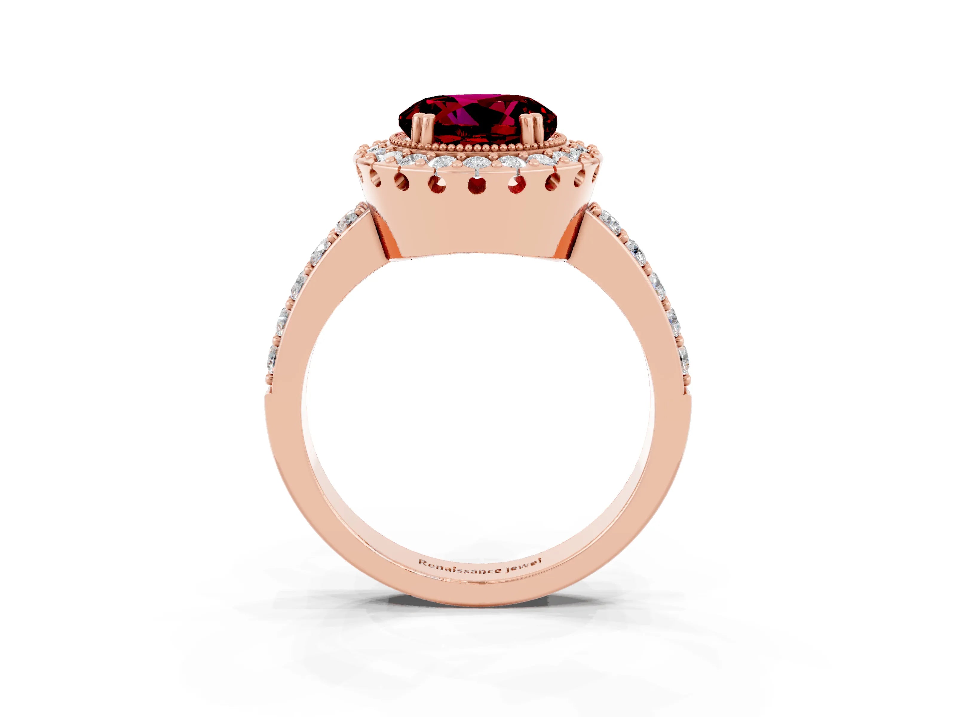 Rose gold Round Cut Garnet Halo Ring with Pavé Band and Prong Setting_3