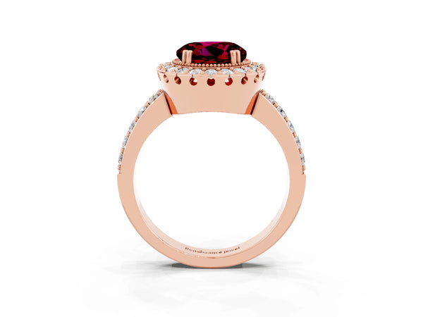 Rose gold Round Cut Garnet Halo Ring with Pavé Band and Prong Setting