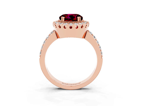 Rose gold Round Cut Garnet Halo Ring with Pavé Band and Prong Setting_3