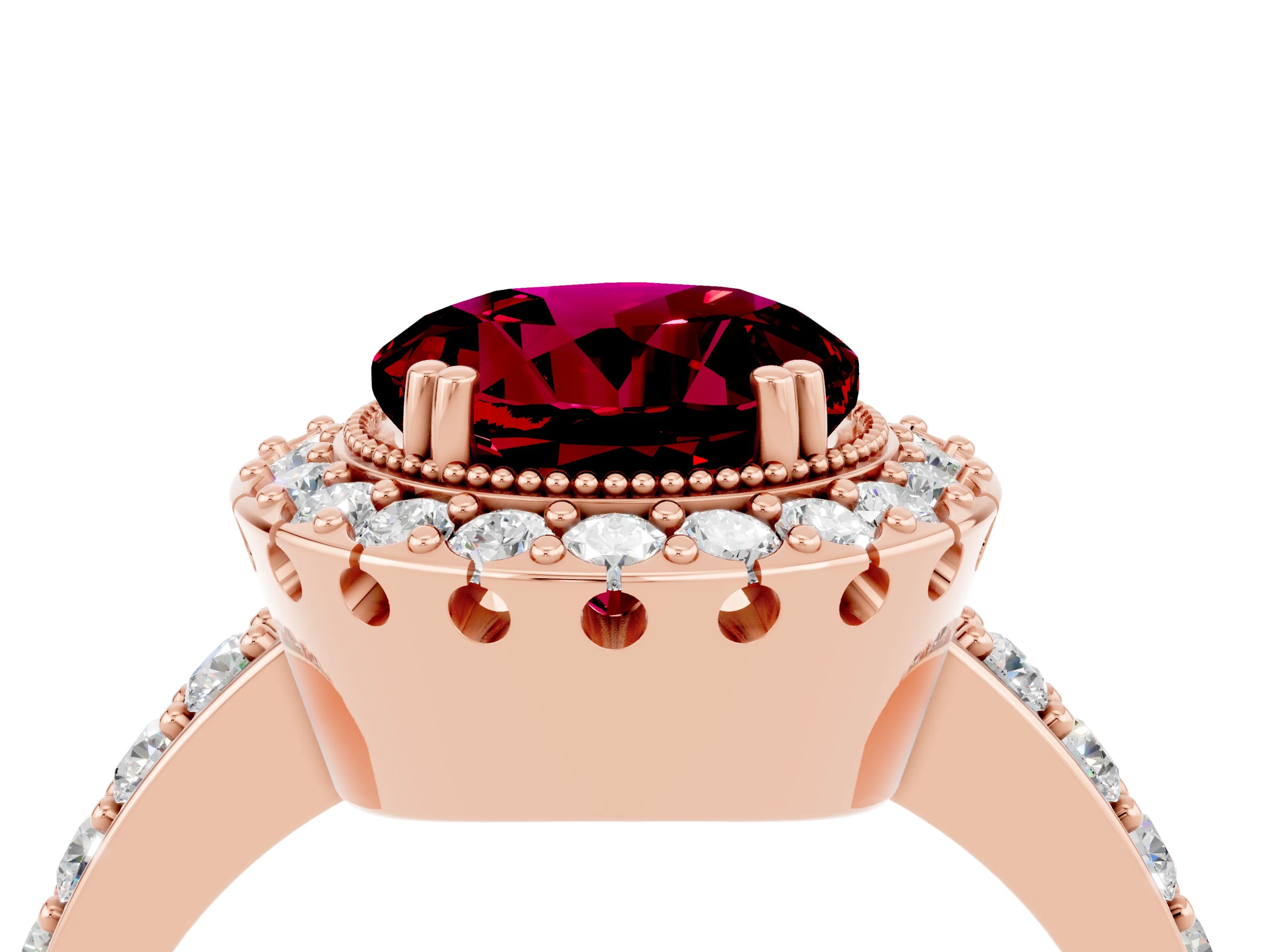 Rose gold Round Cut Garnet Halo Ring with Pavé Band and Prong Setting_4