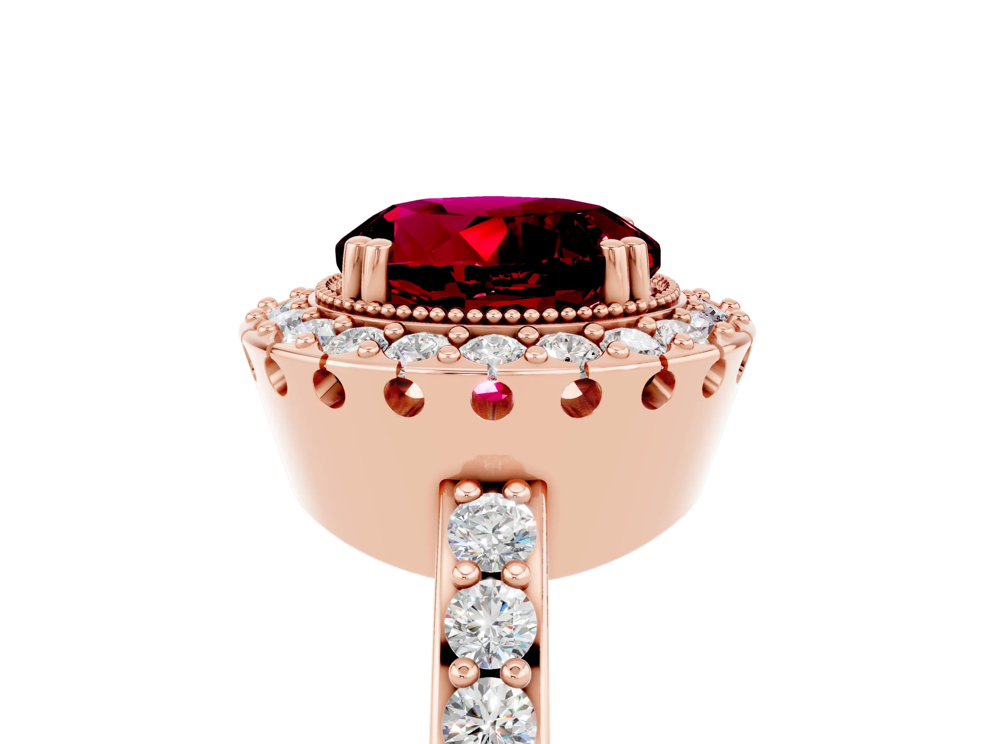 Rose gold Round Cut Garnet Halo Ring with Pavé Band and Prong Setting_5