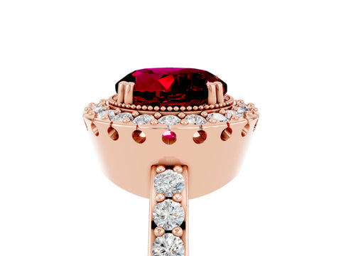 Rose gold Round Cut Garnet Halo Ring with Pavé Band and Prong Setting_5